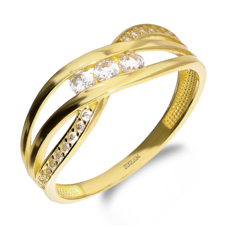Pierścionek złoty fala z białymi cyrkoniami