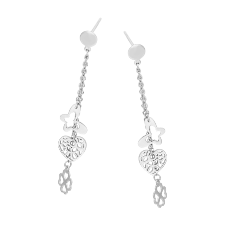 Kolczyki srebrne łańcuszki z motylem,sercem i koniczynką AT932 próba 925