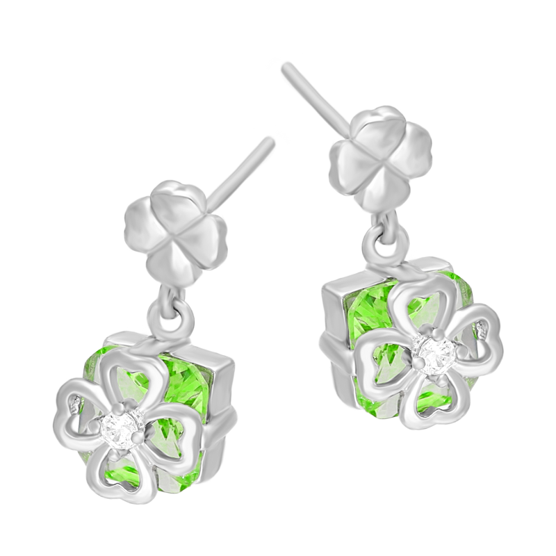 Kolczyki srebrne koniczynka z zieloną cyrkonią/sztyft AT993 próba 925