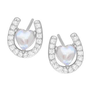Kolczyki srebrne podkowa z cyrkoniami i opalizującym sercem/sztyft AT1003 próba 925