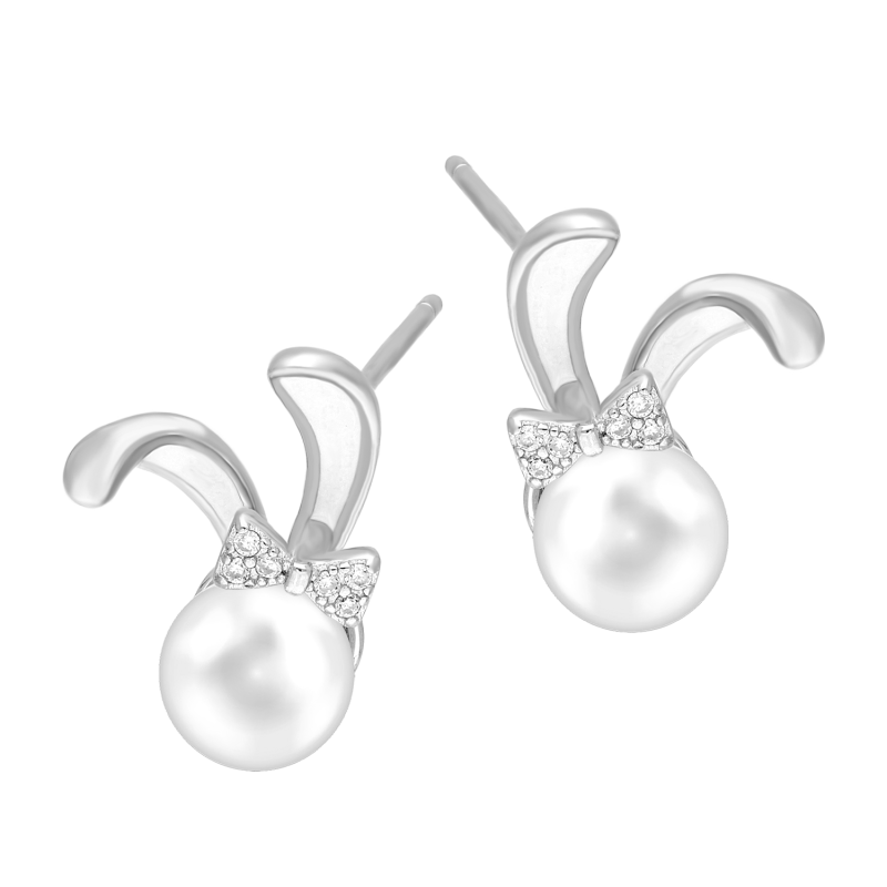 Kolczyki srebrne królik z białą perłą i cyrkoniami
