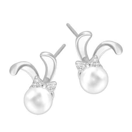 Kolczyki srebrne królik z białą perłą i cyrkoniami