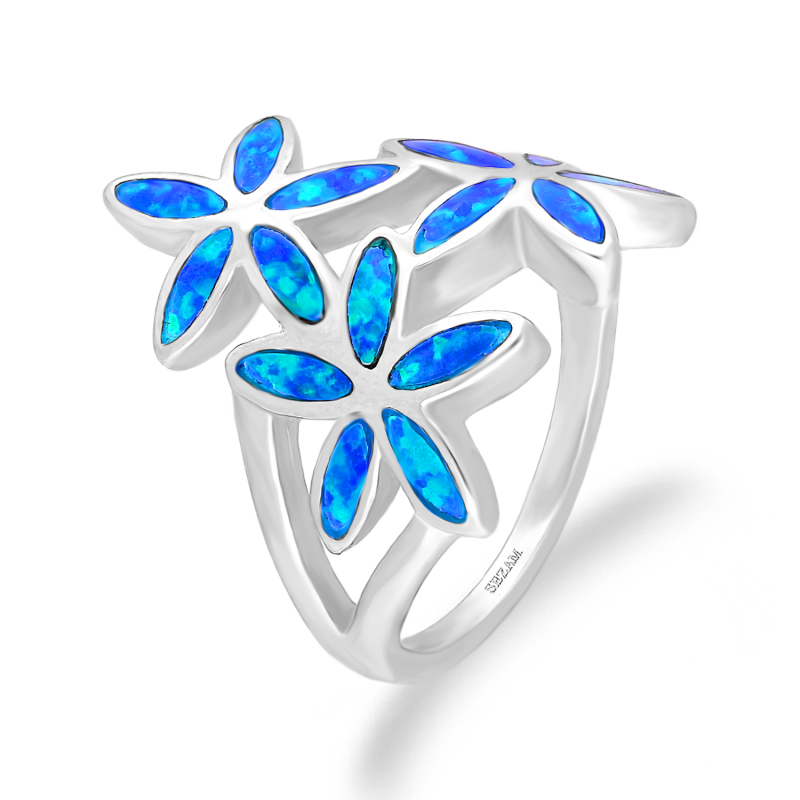 Srebrny Pierścionek Kwiatki z Opalami Niebieskimi pr. 925 - JubilerSezam.pl