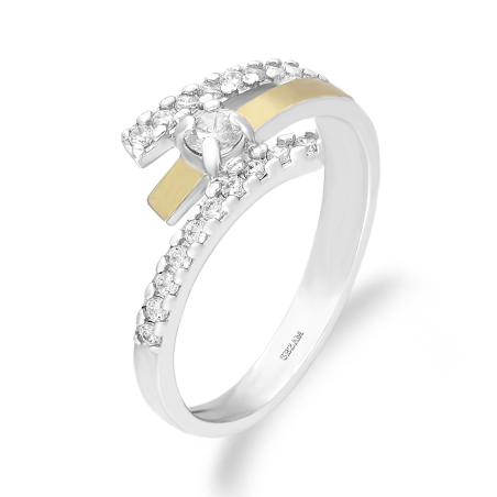 Srebrny Pierścionek z Cyrkoniami i Złotą Blaszką - JubilerSezam.pl