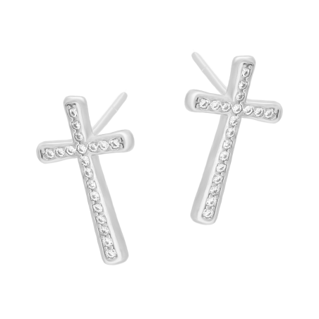 Kolczyki srebrne krzyż z białymi cyrkoniami/sztyft AT894 próba 925