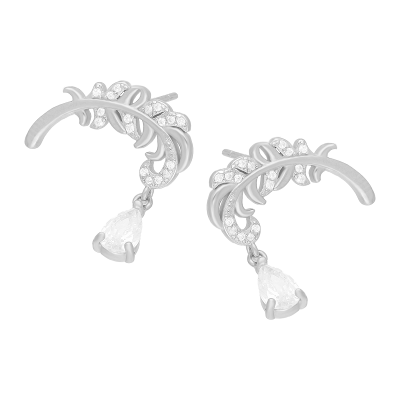 Kolczyki srebrne piórko z cyrkoniami i wisząca kropla/sztyft AT926 próba 925