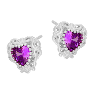 Kolczyki srebrne serce z fioletową cyrkonią i ornamentem/sztyft AT933 próba 925