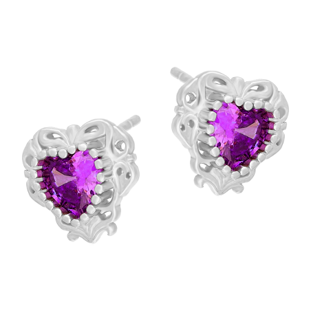 Kolczyki srebrne serce z fioletową cyrkonią i ornamentem/sztyft AT933 próba 925