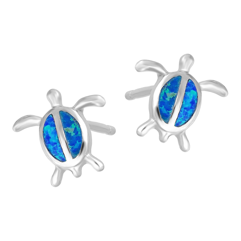 Kolczyki srebrne żółw z niebieskim opalem jubilerskim, próba 925
