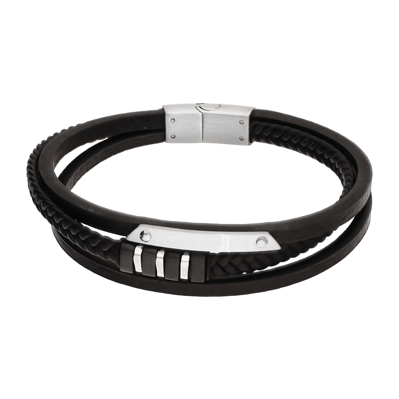 Bransoleta męska blaszka dwa kolory na potrójnych skórzanych paskach