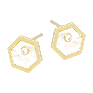 Kolczyki złote oktagon z białą masą perłową i cyrkonią/sztyft AR LKE0208-FCZ-MOP próba 585