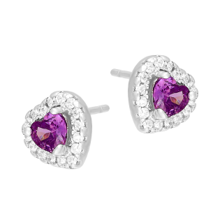 Srebrne Kolczyki Serca z Fioletową Cyrkonią - JubilerSezam.pl