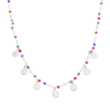 Naszyjnik srebrny fasetowane kolorowe kulki i monety/rolo PW144-2 próba 925