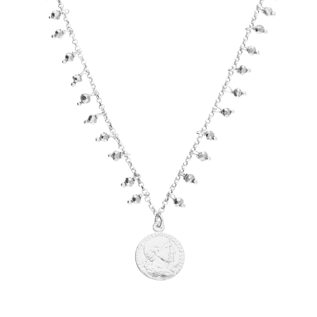 Naszyjnik srebrny grafitowe kulki i wisząca moneta PW325 próba 925
