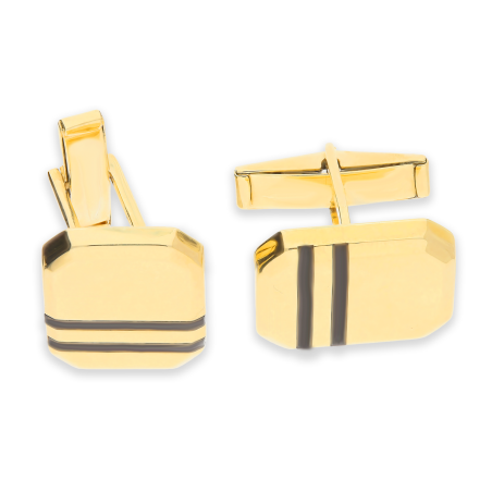 Spinki do mankietów złote obły prostokąt z paskami z onyksu jubilerskiego