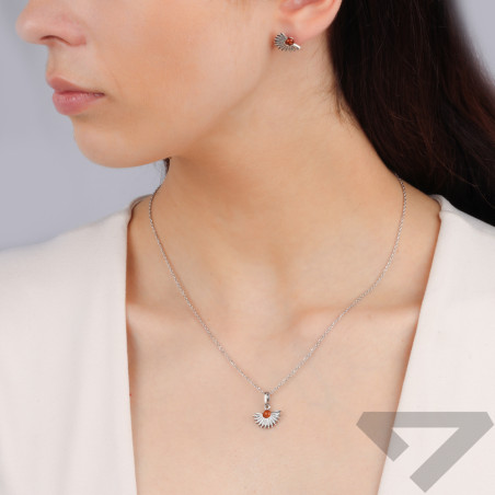 Komplet srebrny kolczyki i zawieszka wachlarz z bursztynem