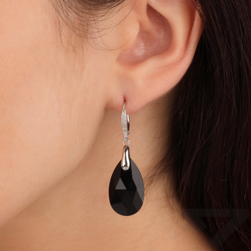 Srebrne Kolczyki z Czarnym Kryształem i Cyrkoniami - JubilerSezam.pl