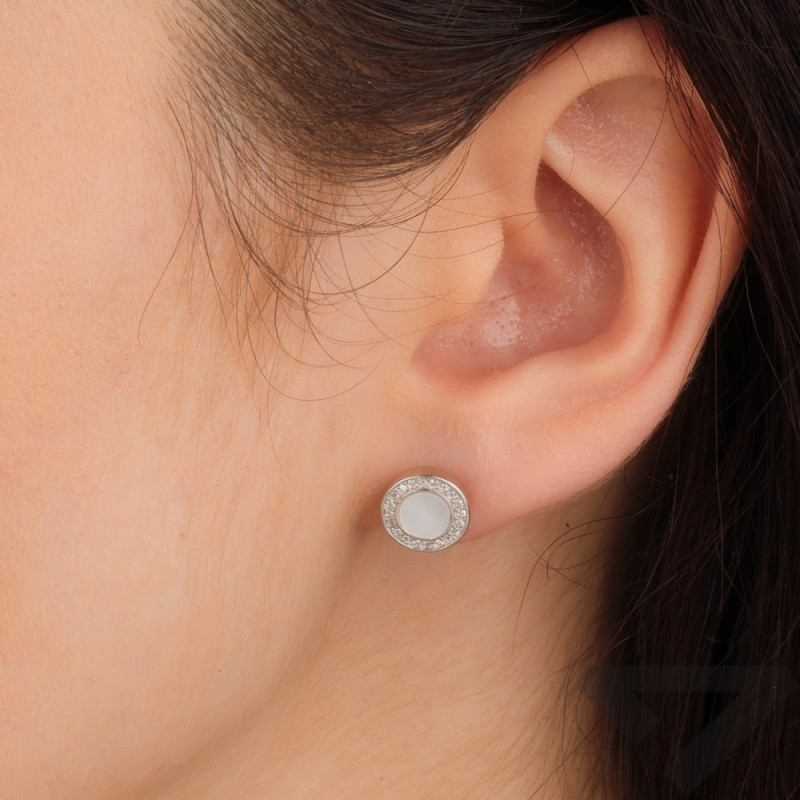 Kolczyki srebrne kółko z białą emalią i białymi cyrkoniami/sztyft