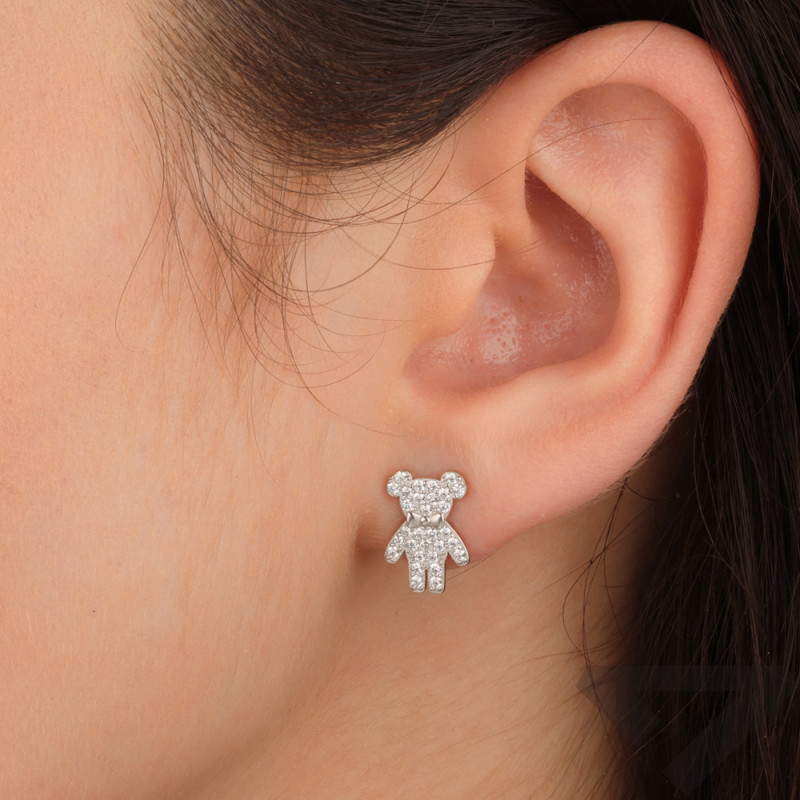 Kolczyki srebrne dla dziewczynki miś z cyrkoniami/sztyft