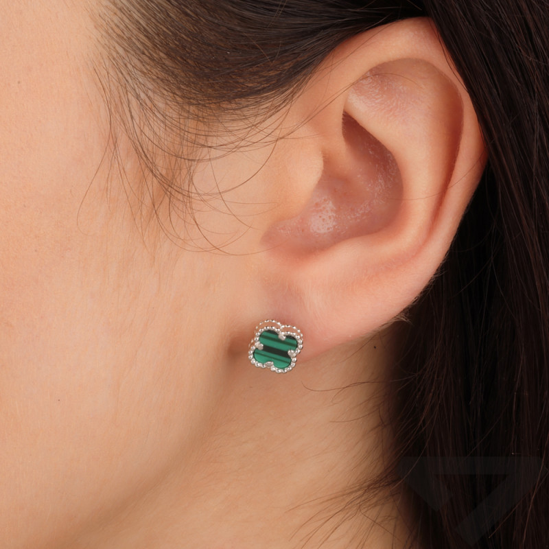 Srebrne kolczyki koniczynki z zieloną emalią - JubilerSezam.pl