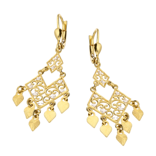 Kolczyki złote wiszące ażurowy deltoid z grawerowanymi sercami