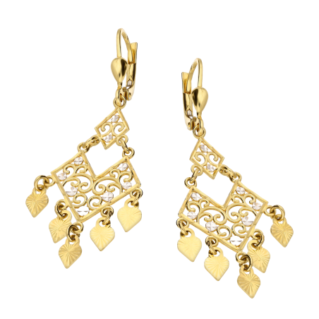 Kolczyki złote wiszące ażurowy deltoid z grawerowanymi sercami