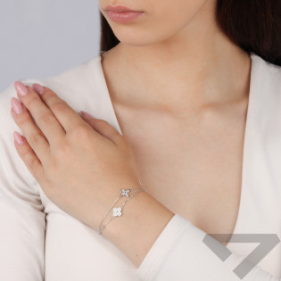 Bransoleta srebrna podwójna z koniczynkami z białymi cyrkoniami