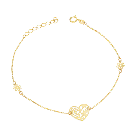 Bransoletka złota serce ażur i stokrotki ramka