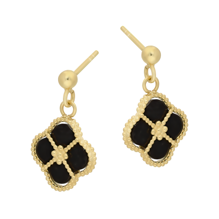 Kolczyki złote koniczyna z onyksem jubilerskim/sztyft PW500 VC próba 585