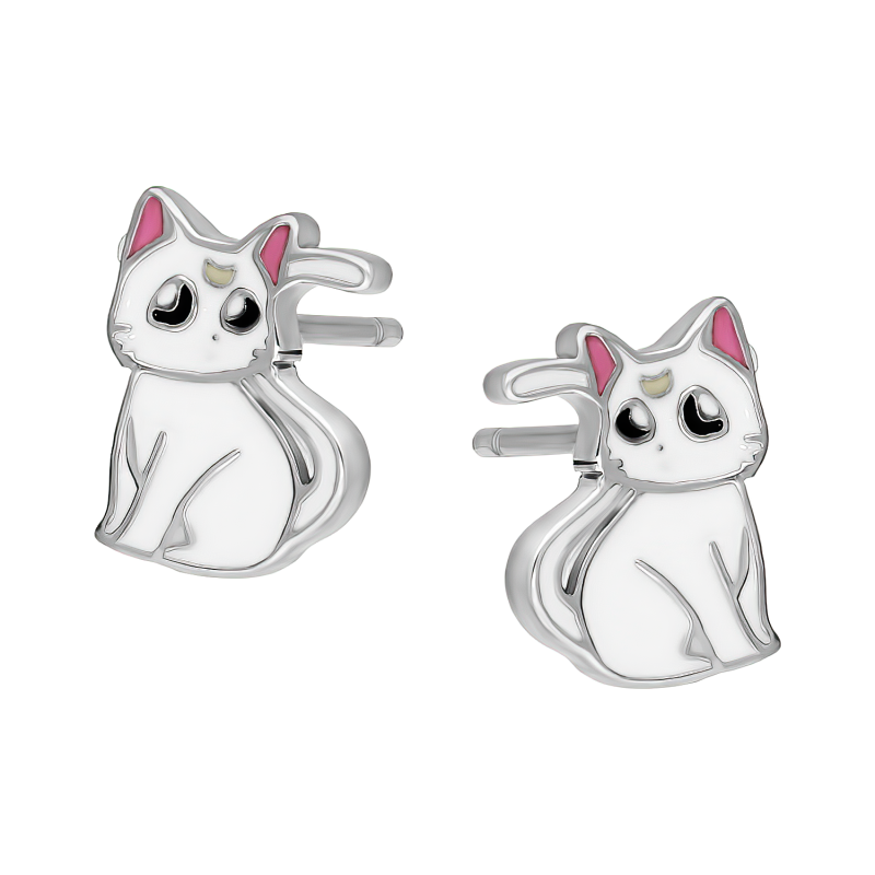 Srebrne kolczyki dla dziewczynki Kot z emalią pr. 925 - JubilerSezam.pl