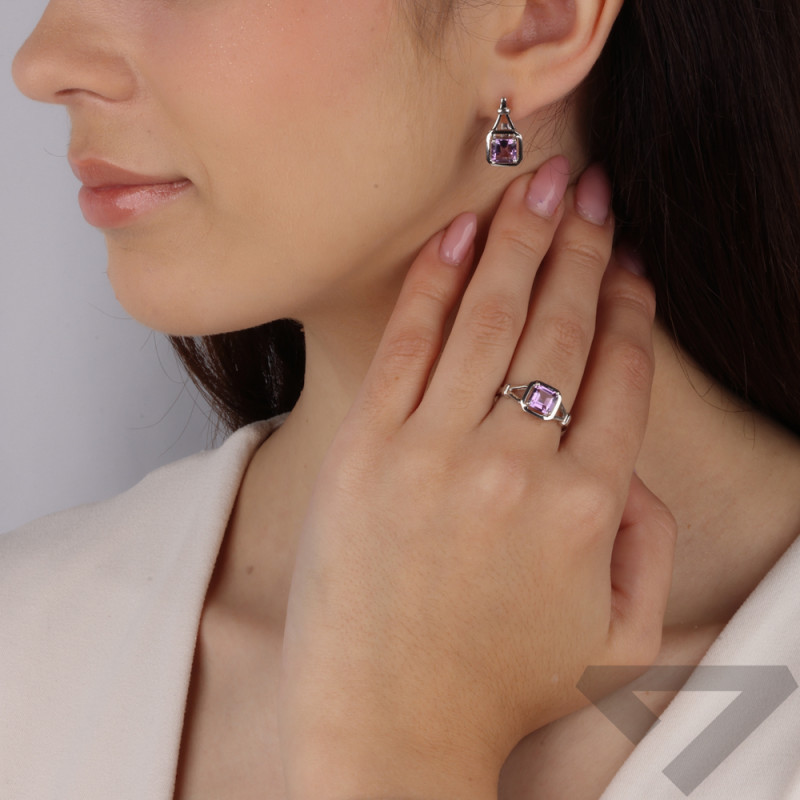 Srebrne Kolczyki z Ametystem Kwadratowe - JubilerSezam.pl