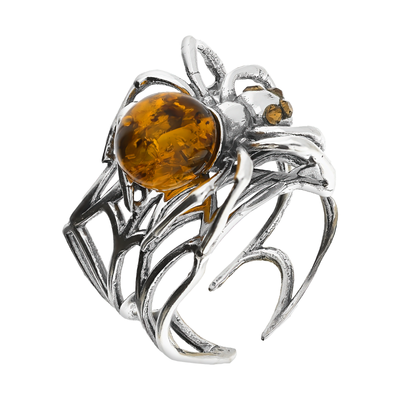 Srebrny Pierścionek Pająk z Bursztynem Koniakowym pr. 925 - JubilerSezam.pl