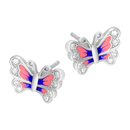 Kolczyki srebrne dla dziewczynki motyl z różową emalią próba 925