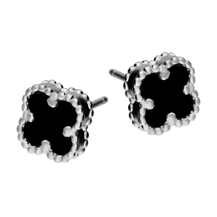 Kolczyki srebrne koniczyna z czarną emalią i kulkami bead/sztyft