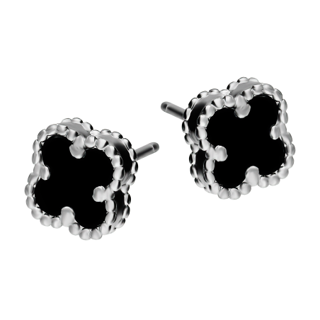 Kolczyki srebrne koniczyna z czarną emalią i kulkami bead/sztyft