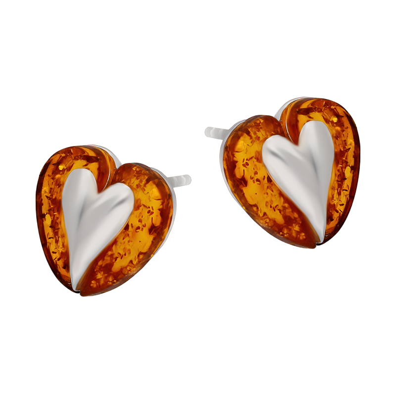 Kolczyki srebrne serce z bursztynem miodowym/sztyft