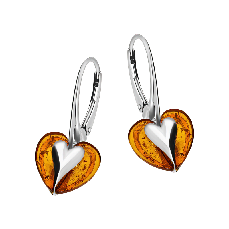 Srebrne kolczyki z bursztynem miodowym serce - JubilerSezam.pl