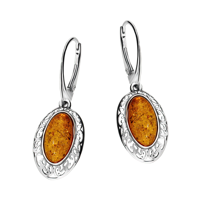 Srebrne Kolczyki z Bursztynem Koniakowym Ażurowe - JubilerSezam.pl