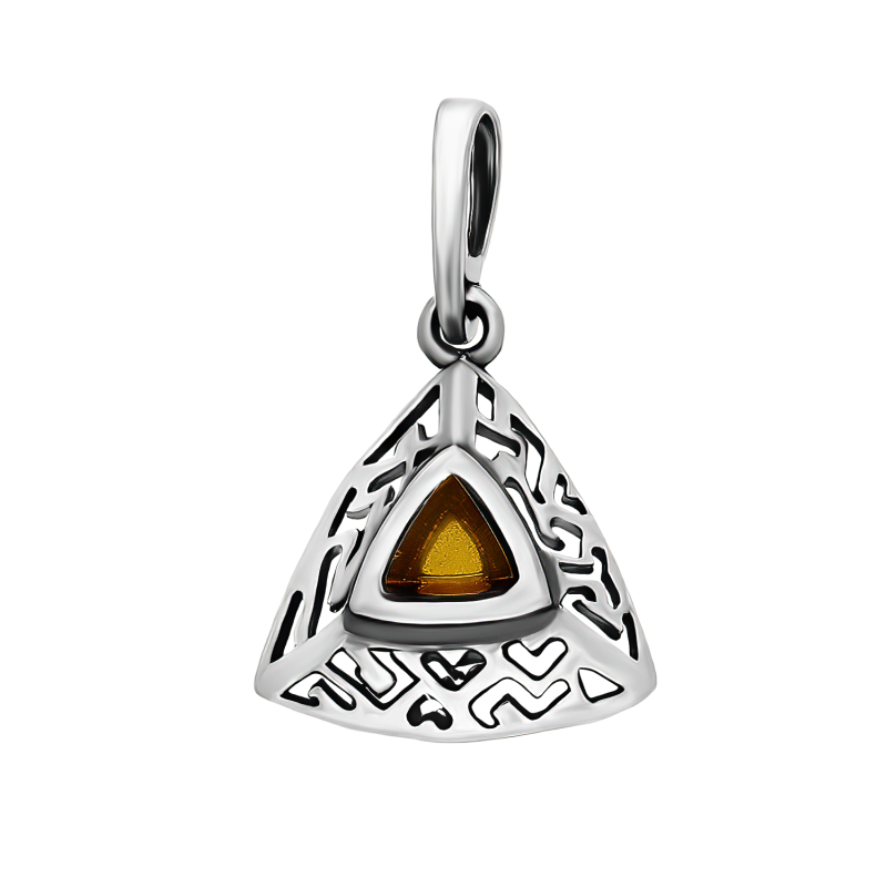 Zawieszka srebrna ażurowy trójkąt z bursztynem koniakowym