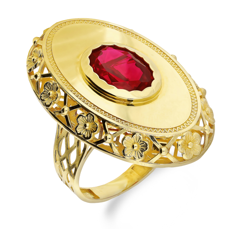 Złoty Pierścionek z Rubinem Owalny Ornament - JubilerSezam.pl