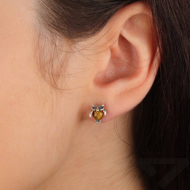 Srebrne Kolczyki Sowy z Bursztynem - JubilerSezam.pl