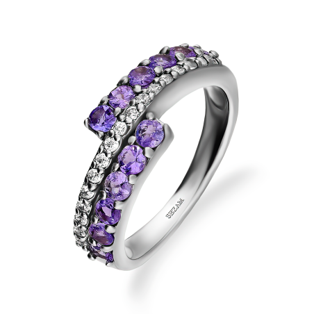Srebrny Pierścionek z Tanzanitem i Cyrkoniami - JubilerSezam.pl