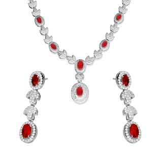 Komplet srebrny kolczyki i naszyjnik owale z czerwoną i białymi cyrkoniami A0 AUR029 próba 925