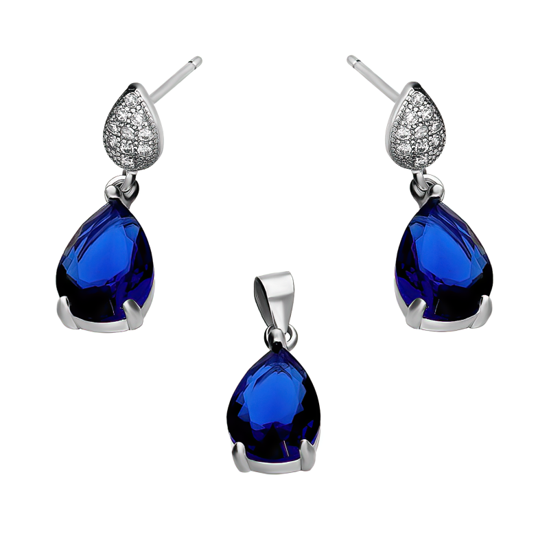 Komplet srebrny kolczyki i zawieszka kropla z szafirową cyrkonią