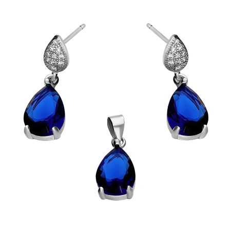 Komplet srebrny kolczyki i zawieszka kropla z szafirową cyrkonią