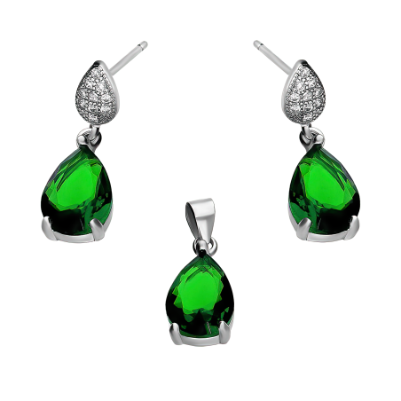 Komplet srebrny kolczyki i zawieszka kropla z zieloną cyrkonią