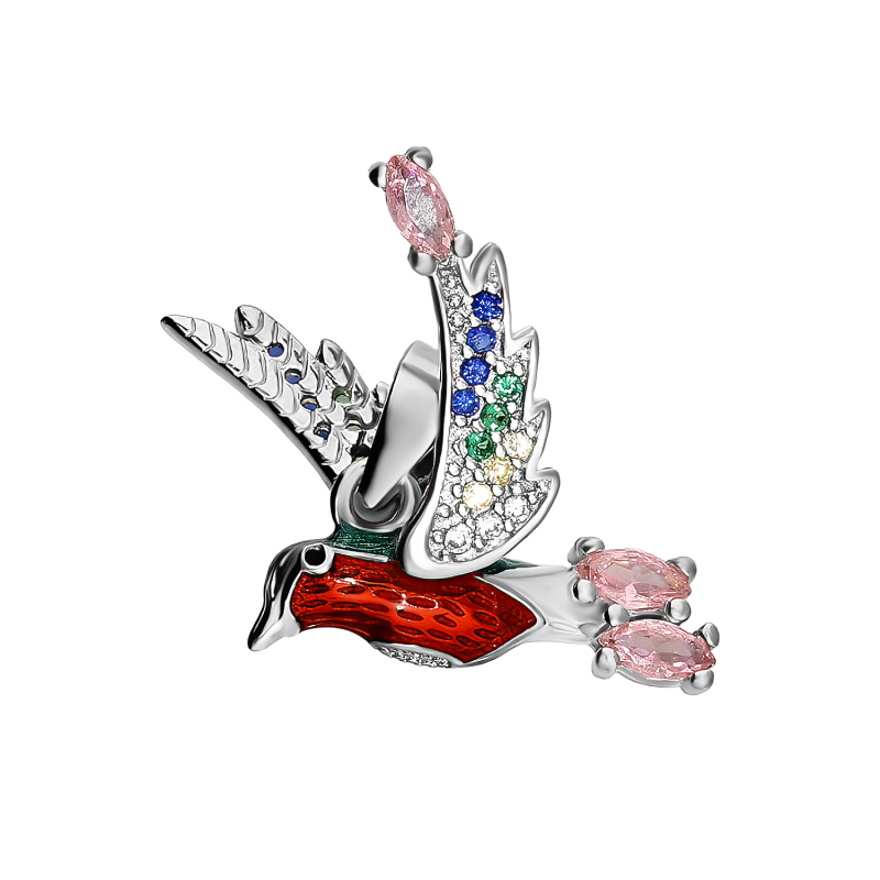 Zawieszka srebrna koliber 3D z kolorowymi cyrkoniami i emalią