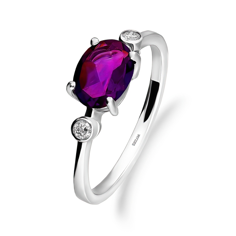 Pierścionek srebrny z ametystem i diamentami laboratoryjnymi AT CVD-3338-R-AM próba 925