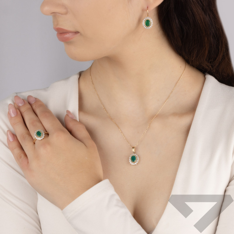 Kolczyki złote owalna markiza z zieloną cyrkonią próba 585