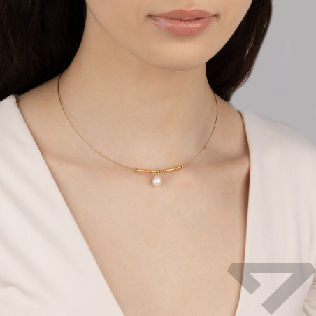 Naszyjnik pozłacany z białą perłą i hematytem